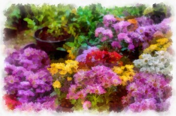 Many colorful plants and flowers in the plant shop watercolor style illustration impressionist painting.