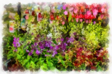 Fototapeta na wymiar Many colorful plants and flowers in the plant shop watercolor style illustration impressionist painting.