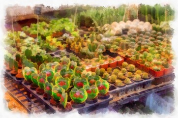 There are many types of cactus in the plant shop watercolor style illustration impressionist painting.