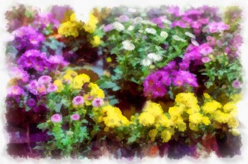 Many colorful plants and flowers in the plant shop watercolor style illustration impressionist painting.