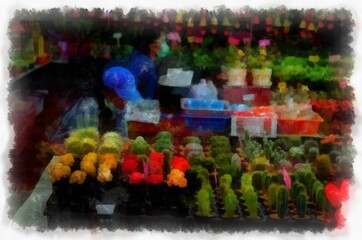 Many colorful plants and flowers in the plant shop watercolor style illustration impressionist painting.