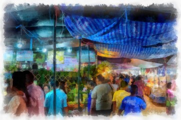 Landscape of the Walking Market at night during the holidays watercolor style illustration impressionist painting.