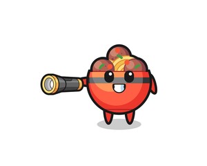 meatball bowl mascot holding flashlight