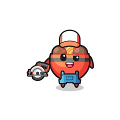 the woodworker meatball bowl mascot holding a circular saw