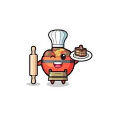 meatball bowl as pastry chef mascot hold rolling pin