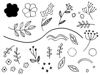 かわいい植物の手書きラフセットモノクロ