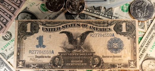 Black Eagle Dollar banknote. Silver Certificate Dollar bill. Half Dollar coins