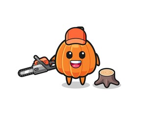 pumpkin lumberjack character holding a chainsaw