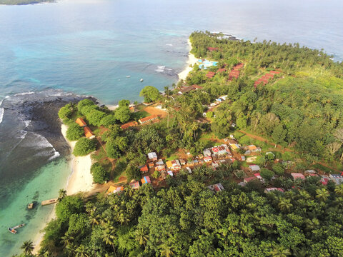 Aerial top view of the wonderful tropical Ilheu Das Rolas, Sao Tome, Africa