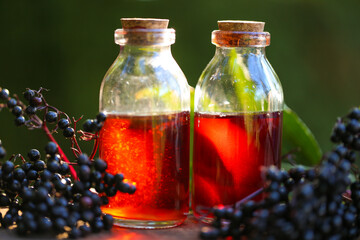 Sambucus syrup in a glass bottle and bunches of elderberries on a wooden table in the summer garden...