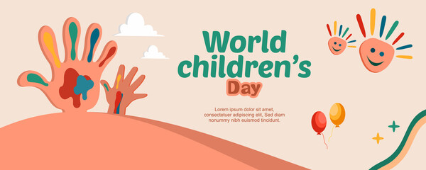 happy international children's day. hand illustration with ink doodles with clouds and a few stars.