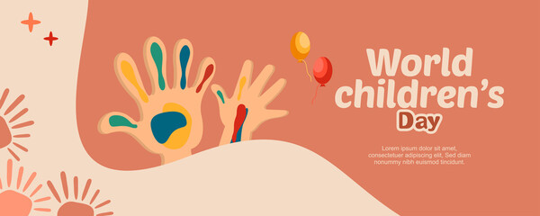 happy international children's day. hand illustration with balloons  and paper airplane.