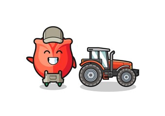 the rose farmer mascot standing beside a tractor