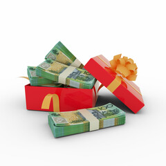 Stack of 100 Australian dollar notes inside an open red gift box. Bundles of Australian dollars inside a gift box. 3d rendering of money inside box isolated on white background