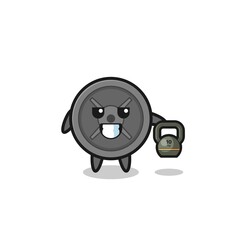 barbell plate mascot lifting kettlebell in the gym