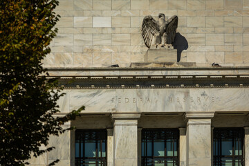 Close-up of the Federal Reserve (Fed) Headquarters Building in Washington, DC on a sunny Summer Day