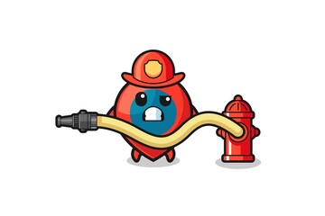 Fototapeta na wymiar location symbol cartoon as firefighter mascot with water hose