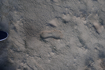 Top view of a shoe print on a wet sand during daytime - Powered by Adobe