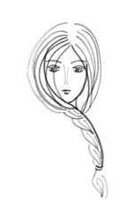 young girl with a long braid, black and white graphic drawing