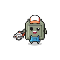 Fototapeta premium the woodworker school bag mascot holding a circular saw