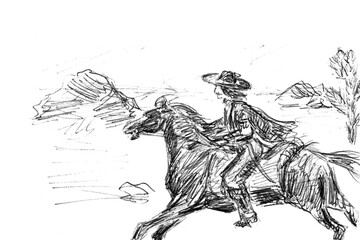 rider on a horse, black and white graphic drawing