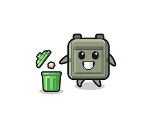illustration of the school bag throwing garbage in the trash can