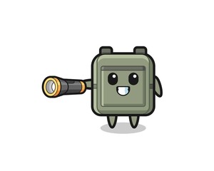 school bag mascot holding flashlight