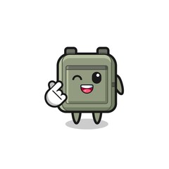 school bag character doing Korean finger heart
