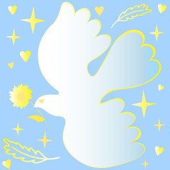 A dove of peace with a flower in the key, symbolizing peace and security. there is no war in Ukraine. Postcard, poster, leaflet. Vector illustration