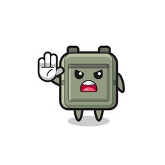 school bag character doing stop gesture