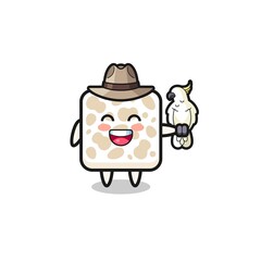 tempeh zookeeper mascot with a parrot