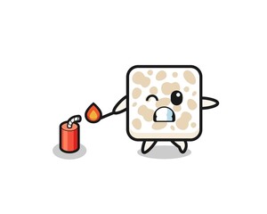 tempeh mascot illustration playing firecracker