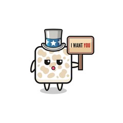 tempeh cartoon as uncle Sam holding the banner I want you