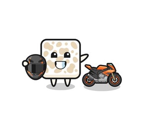 cute tempeh cartoon as a motorcycle racer