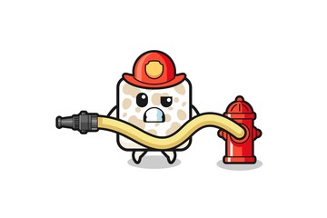 tempeh cartoon as firefighter mascot with water hose
