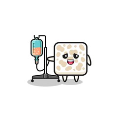 cute tempeh character standing with infusion pole