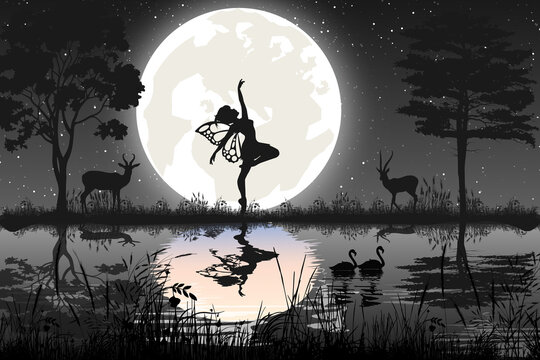 cute fairy and moon silhouette