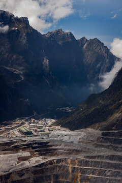 The jagged mountain range at the top of Grasberg Mine which is 4000 metres above sea level in Papua, Indonesia in Papua, Indonesia.
