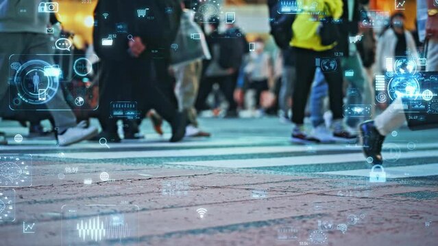 City crowds and communication network concept. Digital transformation. GUI (Graphical User Interface).