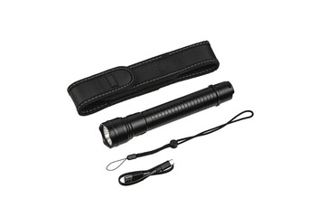 Modern metal LED flashlight in black color. Portable flashlight isolate on a white back