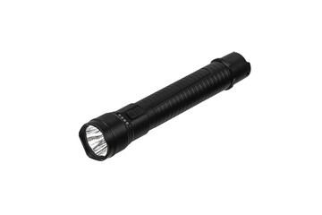 Modern metal LED flashlight in black color. Portable flashlight isolate on a white back