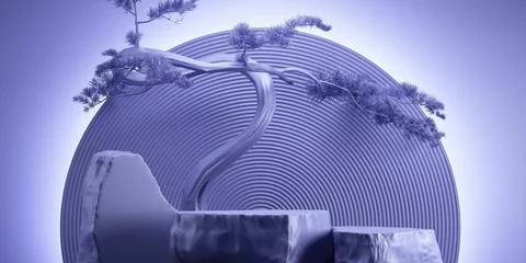 Cercles muraux Pantone 2022 very peri podium de style japonais et bonsaï avec un fond de couleur très péri pour la présentation du produit. illustration de rendu 3d.