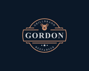 Vintage Retro Badge Grill Restaurant Barbecue Steak House Menu Emblem and Food Silhouettes Typography Logo Design