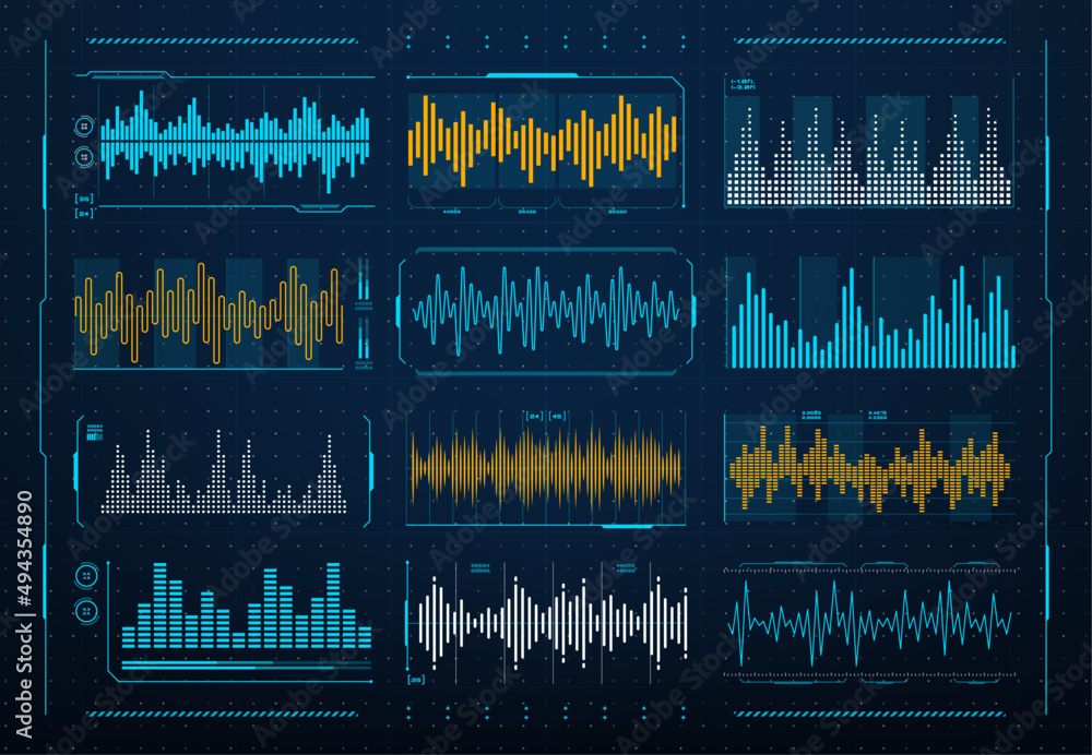 Aufkleber Sound waves frequency, audio music digital equalizer, vector HUD interface. Voice soundwave or radio signal line waveform and recorder or music player volume level with waves of sound on scale