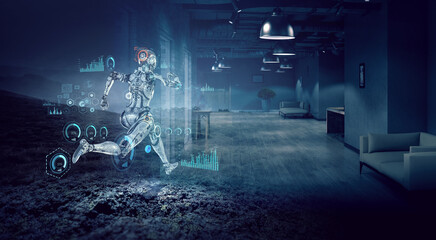 Cyborg running in darkness . Mixed media