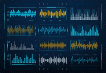 Poster Sound waves frequency, audio music digital equalizer, vector HUD interface. Voice soundwave or radio signal line waveform and recorder or music player volume level with waves of sound on scale © Vector Tradition