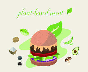 Plant-based meat. Vegetable burger patties pack, pea, soy, tomato, mushrooms, pak choi green, Avocado, pepper and salt. Variety of plant based meat, food to reduce carbon footprint.