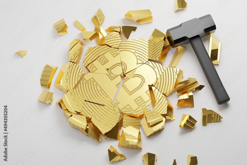 Poster 3d rendering gold bitcoin break down with hammer fall, cryptocurrency investment technology digital 