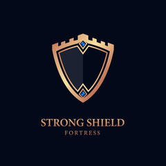gold shield logo. illustration of the shield with a strong fortress
