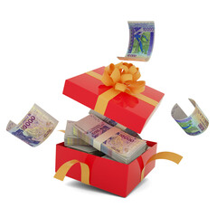Stack of 10000 west African cfa franc dollar notes inside an open red gift box. Bundles of cfa francs inside a gift box. 3d rendering of money inside box isolated on white background - obrazy, fototapety, plakaty